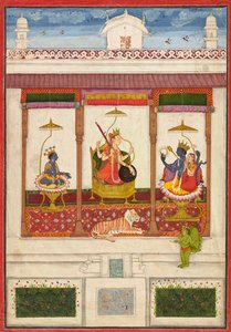Devi mit Krishna und Vishnu in einem Palast, ca. 1645-1655
