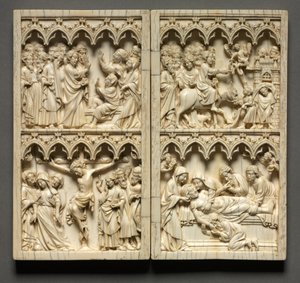 Diptychon mit Szenen aus dem Leben Christi linke Flügel: Auferweckung des Lazarus und Kreuzigung, um 135 von Unbekannt