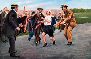 Dorando Pietri beendet den ersten modernen olympischen Marathon, London, 1908 von Unbekannt