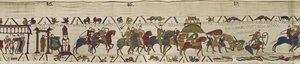 Herzog Wilhelm führt seine Armee in die Bretagne, wo Harold tapfer Soldaten aus dem Treibsand rettet, Teppich von Bayeux (Wollstickerei auf Leinen)