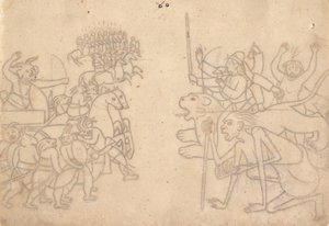 Durga und Kali nähern sich den versammelten Armeen von Chanda und Munda, aus dem Devi Mahatmya, ca. 1780