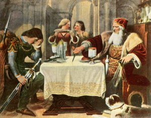 Eberhard schneidet das Tischtuch zwischen sich und seinem Sohn Ulrich in zwei Hälften, 1377, 1936