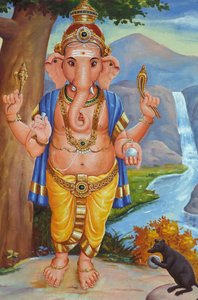 Elefantenköpfiger hinduistischer Gott Ganesh und seine Ratte, Indien