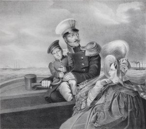 Kaiser Nikolaus I. und Kaiserin Alexandra Fjodorowna mit Sohn Konstantin Nikolajewitsch auf einer Bootsfahrt
