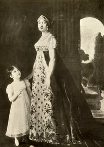 Empire-Kleid und Kinderkleid mit Valenciennes-Spitze besetzt, 1804, 1937