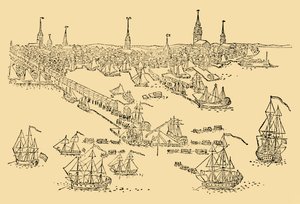 Englische Kriegsschiffe in Boston, wo die Tea-Party stattfand, 1768, ca. 1930 von Unbekannt