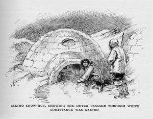 Eskimo-Schneehütte, die den äußeren Durchgang zeigt, durch den der Zutritt gewährt wurde, ca. 1927, 1928