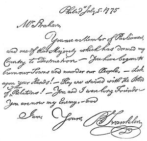 Faksimile eines Briefes von Benjamin Franklin an Mr. Strahan, 1775