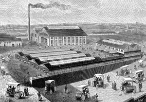 Fabrik zur Herstellung, Wiederaufladung und Wartung von Elektrotaxis, Aubervilliers, Frankreich, 1899
