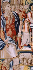 Flämischer Wandteppich. Serie Die Geschichte von Hannibal. Hannibals Eid. Erster Wandteppich der Serie. Kartons anonymer Meister der Niederlande. Herstellung Brüsseler Werkstätten. Ca. 1570. Stoff Wolle und Seide