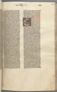 Fol. 123r, Könige III, historiierte Initiale E, ein Diener bringt Abischag zu David..., ca. 1275-1300 von Unbekannt