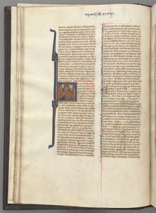 Fol. 20v, Exodus, historiierte Initiale H, Moses und zwei Anhänger mit den Gesetzestafeln, ca. 127