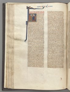 Fol. 62v, Deuteronomium, historisierte Initiale H, Moses mit Hörnern und Schriftrolle predigend..., um 1275-1300