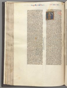 Fol. 76v, Josua, historiierte Initiale E, Josua mit einer Schriftrolle vor Gott kniend, um 1275-1300 von Unbekannt