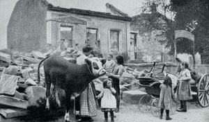 Französische Flüchtlinge kehren in ihr verlassenes Dorf zurück, Artois, Erster Weltkrieg, 1915