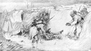 Französische Soldaten sehen die lustige Seite des Sturzes in den Schlamm, Erster Weltkrieg, 1916