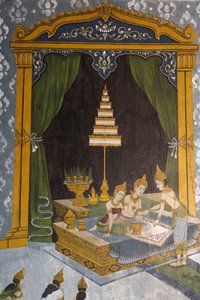 Fresko, das eine Szene aus dem Leben des Buddha im Wat Phra Doi Suthep zeigt: Junger Buddha als Prinz, Chiang Mai, Thailand