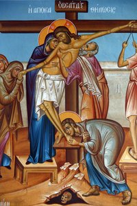 Fresko in der Heilig-Kreuz-Kirche, Pedoulas. Klage um Jesus Christus am Kreuz, 20150510, Pedoulas, Zypern