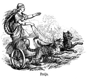 Freya Frigg, Göttin der Liebe in der skandinavischen Mythologie, fährt ihren von Katzen gezogenen Wagen