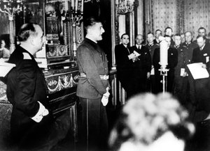 Deutscher Botschafter im Vichy-Frankreich, Otto Abetz, bei einer Pressekonferenz, 15. Dezember 1940