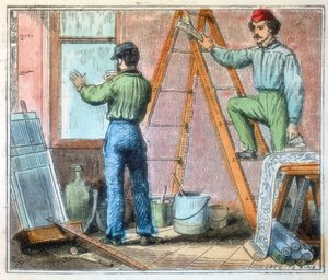 Glaser und Tapezierer arbeiten in einem Haus, 1867
