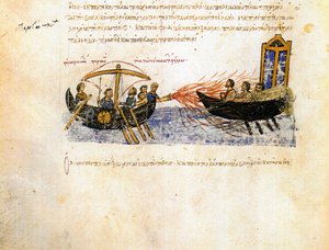 Griechisches Feuer. Miniatur aus dem Madrid Skylitzes, 11.-12. Jahrhundert von Unbekannt