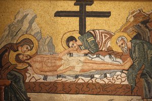 Griechisch-orthodoxe Ikone, die die Grablegung Christi in der St.-Georgs-orthodoxen Kirche darstellt, Madaba, Jordanien
