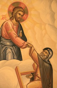 Griechisch-orthodoxe Ikone, die die Leiter der Tugenden darstellt, Thessaloniki, Griechenland