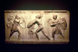 Griechischer Krieger kämpft gegen eine Amazone, 8.-5. Jahrhundert v. Chr.