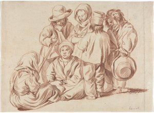 Gruppe von sechs Kindern (recto), Skizze eines Dorfes (verso), 1700er Jahre von Unbekannt