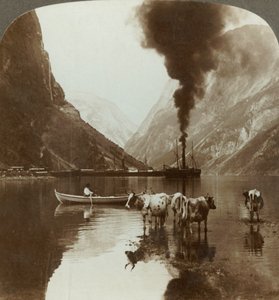 Gudvangens Aussicht über den Naerofjord, wo das Meer weit in die Berge reicht, Norwegen