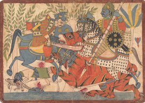 Harishchandra und sein Minister töten einen Tiger, Folio aus einer Harishchandra-Serie, 1800-1850