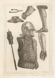 Helm und Brigantine, eiserner Beinschutz, Handschuh von John of Gaunt, eiserner Handschuh, Kragen, eiserne Keule, antiker eiserner Sporn