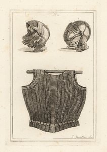 Helm, gefunden auf dem Schlachtfeld von Bosworth, und flexibler Kürass aus Metalllamellen auf Leder, der angeblich König Heinrich VIII. gehörte