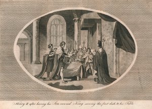 Heinrich II., nachdem er seinen Sohn zum König gekrönt hat, serviert das erste Gericht an seinem Tisch