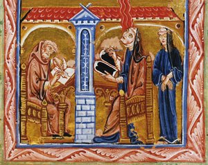 Hildegard empfängt eine Vision in Anwesenheit ihres Sekretärs Volmar und ihrer Vertrauten Richardis