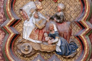 Geschichte von St. Johannes dem Täufer: "Geburt von St. Johannes dem Täufer." Basrelief des nördlichen Endes des Nordchors (1531). Polychromer Stein. 1531. Kathedrale von Amiens, Amiens, Frankreich von Unbekannt