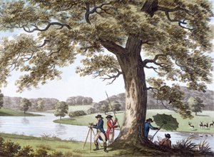 Humphry Repton beim Vermessen mit einem Theodolit, spätes 18. bis frühes 19. Jahrhundert