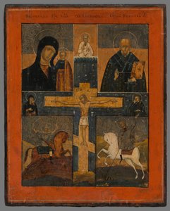 Ikone - Kreuzigung mit der Kasaner Gottesmutter, Heiliger Nikolaus, Heiliger Georg und Dimitrij von Unbekannt
