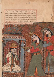 Ilar oder Irakht kurz davor, die Schale Reis auf den König zu werfen, Folio aus einem Kalila wa Dimna