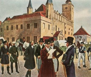 Vor dem Rathaus in Reichenbach in Schlesien während des Waffenstillstands, 1813, 1936