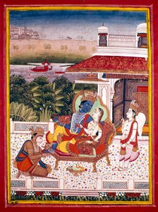 Indische Miniatur zeigt Krishna und eine Prinzessin auf einer Couch, 18. Jahrhundert
