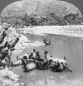 Aufgeblasene Ochsenhäute als Fähren auf dem Sutlej-Fluss, Punjab, Indien, um 1900er
