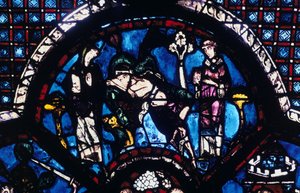 Verletzter Pilger, ignoriert von Priester und Levit, Buntglas, Kathedrale von Chartres, Frankreich, 1205-1215