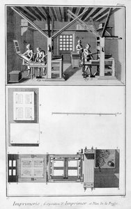 Innenansicht einer Druckerei und Plan einer Presse, 1751-1777