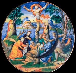 Italienischer Irdenware-Teller, der die Geburt des Adonis zeigt, ca. 16. Jahrhundert