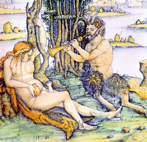 Italienischer Tonteller, der die Satyrfamilie nach Dürer zeigt