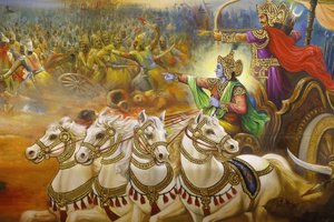 Jalaram Prathna Hindu-Tempel, Leicester. Fresko. Krishna der Wagenlenker führt Arjuna auf dem Schlachtfeld von Kurukshetra. Vereinigtes Königreich