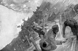 Japanische Truppen massakriert beim Überqueren russischer Stacheldrahtzäune, Russisch-Japanischer Krieg, 1904-5