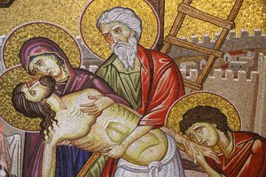 Jesus vom Kreuz genommen, Detail des Mosaiks, Grabeskirche, Jerusalem, Israel von Unbekannt